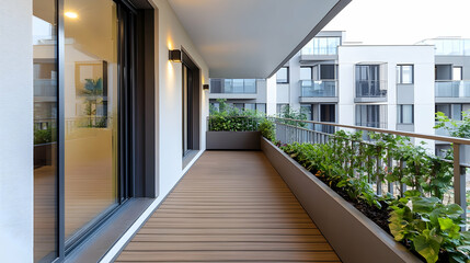 Fototapeta premium Semi-enclosed balcony with integrated planter railings and wood-textured composite flooring, set in a luxury eco-friendly residence