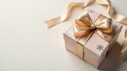 A delicately wrapped present, adorned with a satin ribbon and snowflake accents.