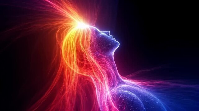 Glowing human silhouette made of colorful energy waves symbolizes the spectrum of human emotions, blending seamlessly into an ethereal and radiant background