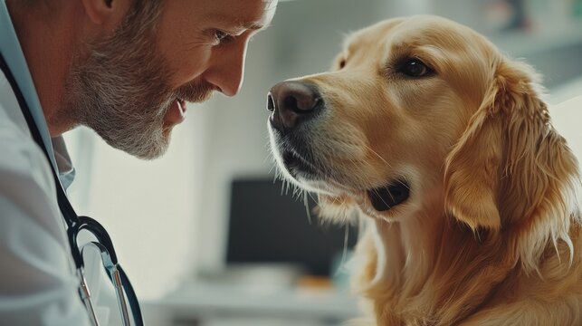 Veterinarian examining a golden retriever during a health check-up at a modern pet clinic – professional care and treatment for pets with a focus on animal wellness.