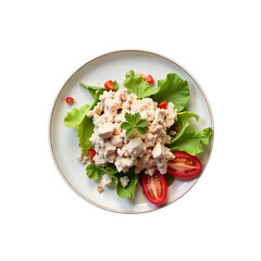 A plate of tuna salad with lettuce , tomatoes , and other fresh vegetables png