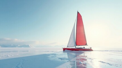Red sailboat on a frozen lake with snow covered mountains in the background