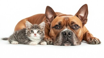 A dog snuggling up with a kitten, both lying comfortably together, showcasing interspecies affection.