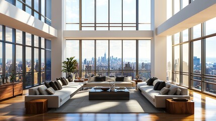 A spacious, modern living room in a luxury home, with floor-to-ceiling windows and high-end furnishings.