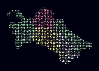 Fototapeta premium Turkmenistan, shape of the country built of colored cells. Digital style map of Turkmenistan on dark background. Small size circle blocks. Abstract vector illustration.