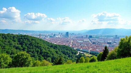 Obraz premium Elevated View of a City Skyline Amidst Lush Green Hills and Blue Skies