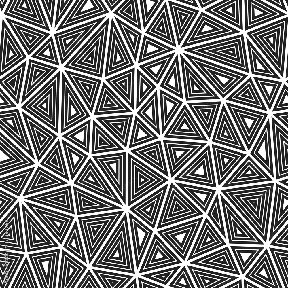 Poster minimal geometric background. medium triangles size. multiple repeated inner triangles. black and wh