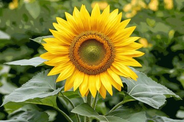 A tall sunflower stands proudly, showcasing its bright yellow petals and intricate seed center against lush greenery. Generative AI