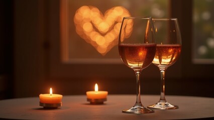 The image shows two wine glasses filled with red wine on a table in front of a window. The glasses are facing each other and the table is covered with a white tablecloth.