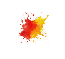 Watercolor splatter art featuring bold red and yellow colors. Vibrant design has a dynamic and energetic feel, with irregular shapes and contrasting splashes. Isolated on transparent background, png.