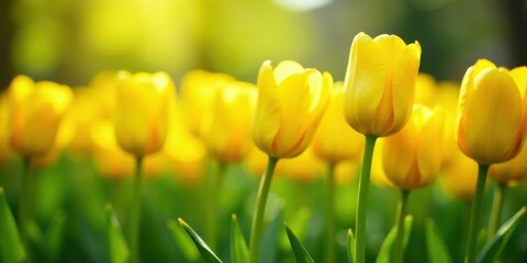Vibrant Yellow Tulips Basking in Sunlight's Embrace in a Lush Green Garden