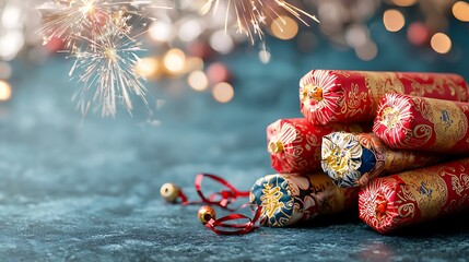 Bundled firecrackers in vibrant colors and patterns ready to be part of a celebratory holiday or festival tradition  The explosive sparkling firecrackers create a festive and lively atmosphere