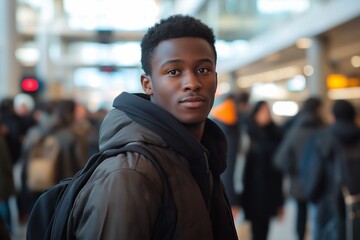 Fototapeta premium Young black man with backpack standing in bus transportation hub during the afternoon rush hour, airport atmosphere.