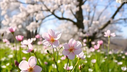 Obraz premium Delicate Pink Flowers Bloom Underneath Cherry Blossoms