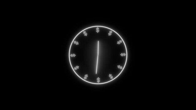 Glowing neon clock and dollar icon. Time - money concept with clock and dollar bills closeup