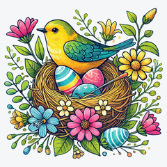 Fototapeta premium Berd nest with eggs, flowers and greenery stock illustration