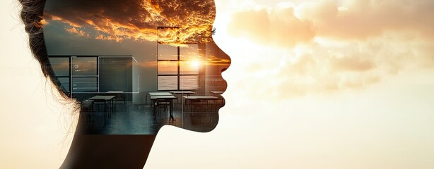Innovative Visuals Showcasing the Future of Remote Education, a double exposure shot blending futuristic classroom visuals with the face of a student, symbolizing immersive and innovative learning