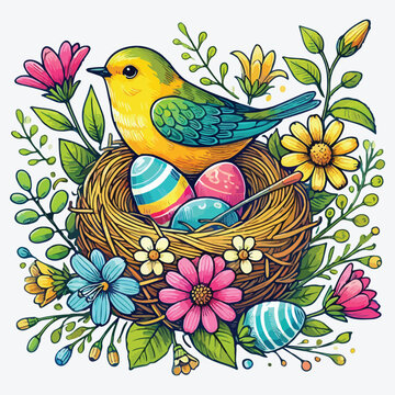 Berd nest with eggs, flowers and greenery stock illustration