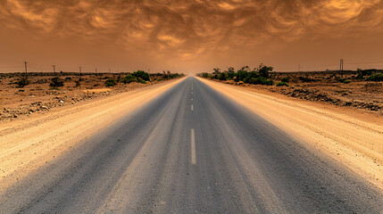 Naklejka premium Long desert highway under dramatic sky.
