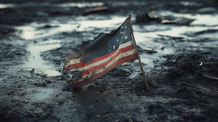 Fototapeta premium Worn American flag in muddy ground
