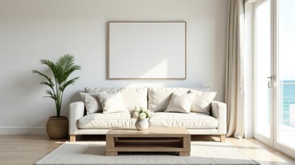 Serene Coastal Living Room with Blank Canvas and Ocean View