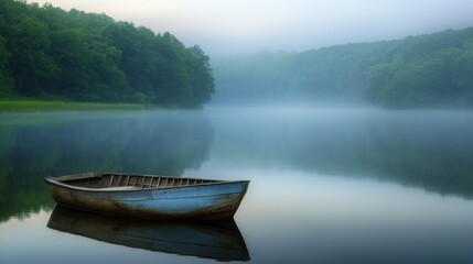 Fototapeta premium Serene misty lake with a small, weathered rowboat at dawn.