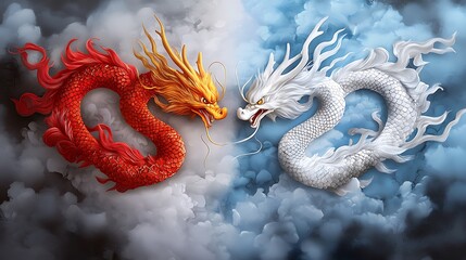 Fototapeta premium Dramatic depiction of a mythical battle between a powerful red dragon and a majestic white phoenix representing the eternal clash and contrast of fire and ice light and dark