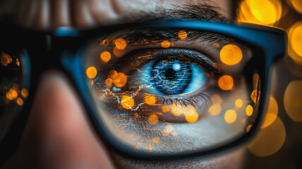 The Eye of Innovation: A close-up shot of a man's eye, captured through the lens of his glasses, reflecting a mesmerizing array of warm, blurry lights. This image evokes a sense of focus, vision.
