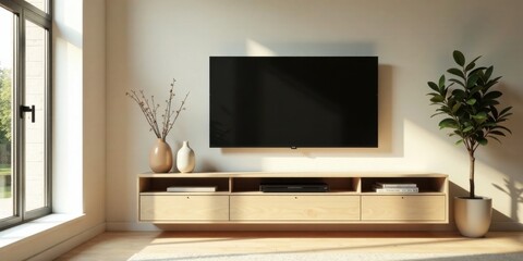 Modern minimalist living room with light wood media console and flat screen television