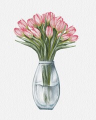 Beautiful bouquet of pink tulips arranged elegantly in a clear vase with water