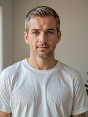 Fototapeta premium Retrato de un hombre joven blanco y apuesto vistiendo una camiseta blanca de algodón