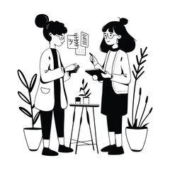Elegant Illustrator Of Two Corporate Lady Gossiping Line Art Vector