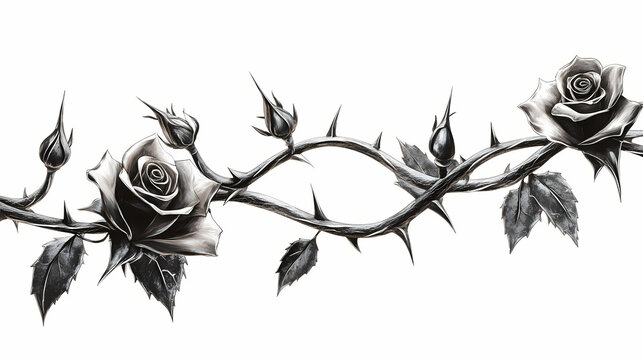Silver metal rose vines with sharp thorns. gothic prickly vine elements isolated. Thorned. Illustration