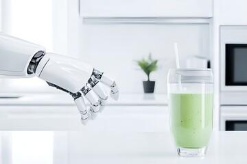 Robotic hand reaching towards a glass of green smoothie in a sleek, modern kitchen, symbolizing the integration of technology into healthy and sustainable lifestyles