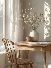Sunlit room, wooden desk, chair, vase of flowers.