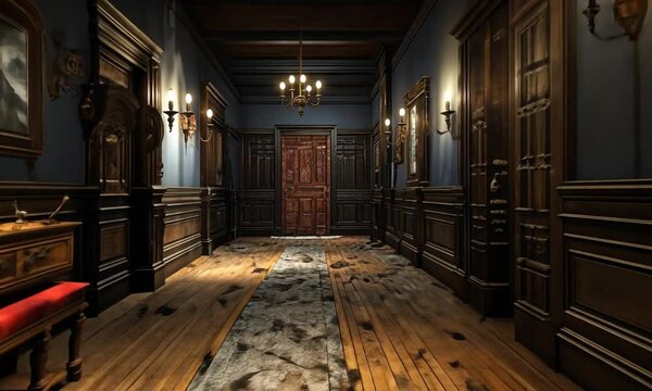 Wooden victorian gothic hallway with moody ambient lights