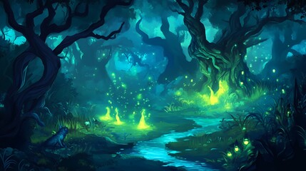 Enchanting Glowing Forest With Creature And Stream