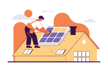 A character setting up solar panels on a rooftop