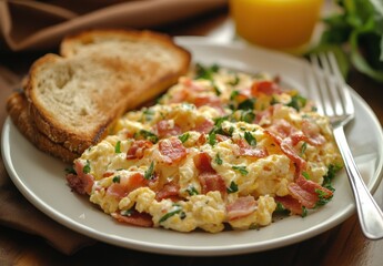 Delicious Scrambled Eggs with Crispy Bacon and Fresh Herbs Served with Toast on a Wooden Table, Perfect for Breakfast or Brunch Lovers