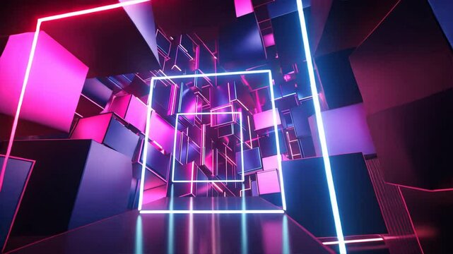 Vibrant abstract background featuring glowing neon cubes and colorful geometric shapes, creating futuristic digital art landscape with technology inspired depth and wonder.