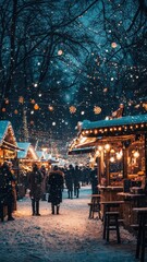 Charming Winter Market Scene with Twinkling Lights, Snow and Festive Atmosphere - Perfect for Holiday Cards, Seasonal Marketing and Celebratory Designs
