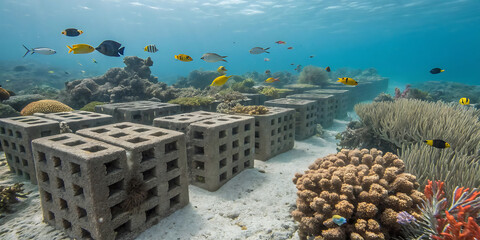 Coastal preservation with artificial reefs in a vibrant marine ecosystem.