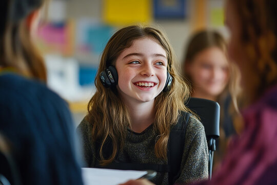 Student with a hearing aid presenting a project to peers in an inclusive classroom, with the teacher smiling and offering encouragement, promoting confidence and inclusivity.

