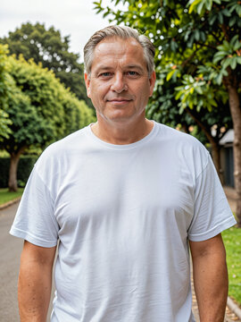 Retrato de hombre blanco de cabello corto al aire libre en verano vistiendo una camiseta blanca de algod&oacute;n casual  