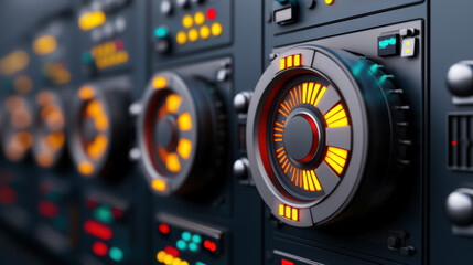 Fototapeta premium Research Lab concept. Futuristic control panel with glowing dials and vibrant LED indicators