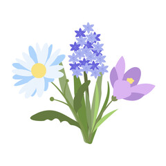 Vector Bouquet of Three Flowers in Flat Style. Simple Spring Design of Crocus, Chamomile and Hyacinth Flowers. Naive Botanical Element Ideal for Banners, Posters, Flyers, Cards, Social Media, Web.