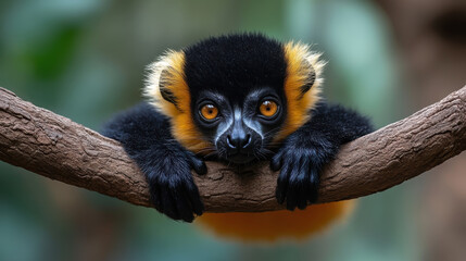 Obraz premium Lemur hanging from branch with striking black and orange fur, showcasing large expressive eyes. This captivating creature is set against blurred green background