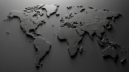 Textured 3D World Map on Black Background