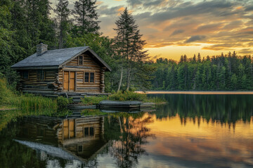 Fototapeta premium log cabin by a tranquil lake during sunset. The golden hues of the sky reflect beautifully on the water, surrounded by dense green forest, creating a peaceful and picturesque scene