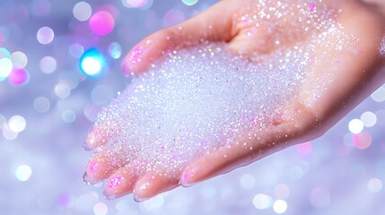 Woman's hand holding iridescent bath foam against a bokeh background.